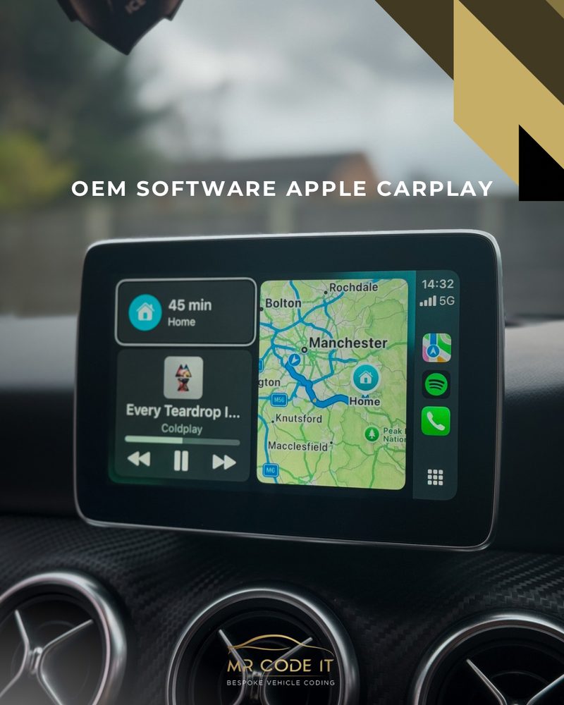 Apple CarPlay running through the factory NTG5.1 display, showing navigation and music