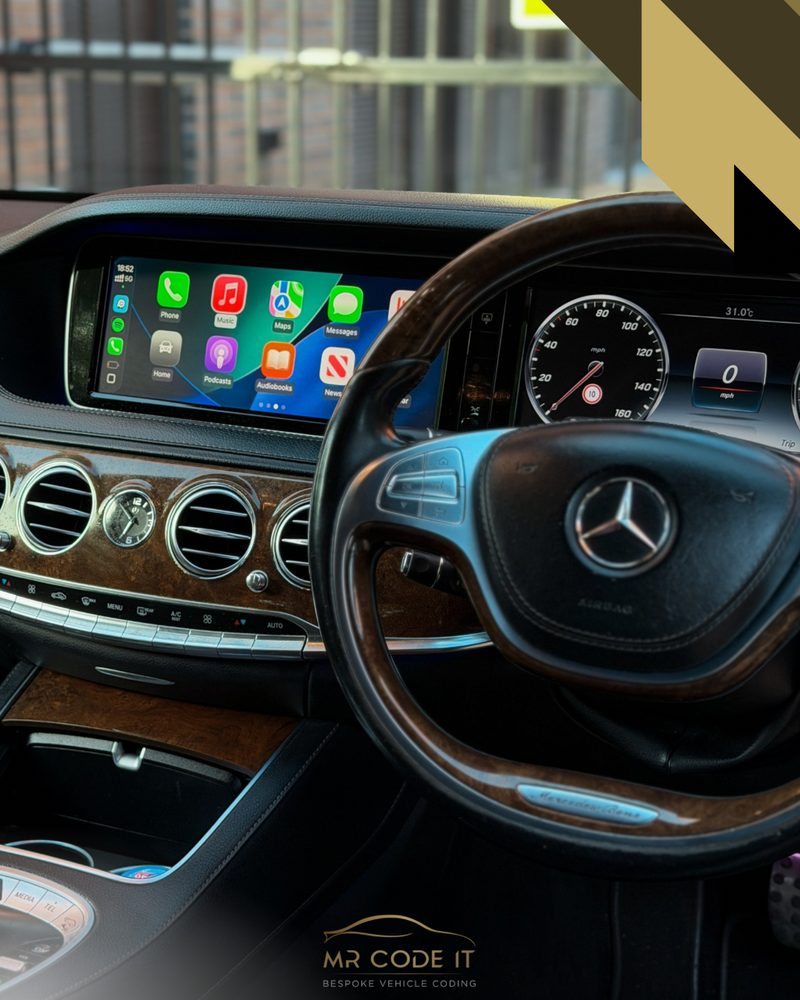 Apple CarPlay running through the integration box on a Mercedes S-Class W222 dashboard