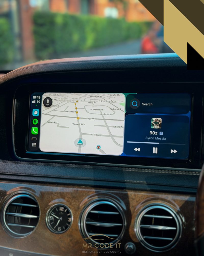 Apple CarPlay navigation and music running through the integration box on a Mercedes S-Class