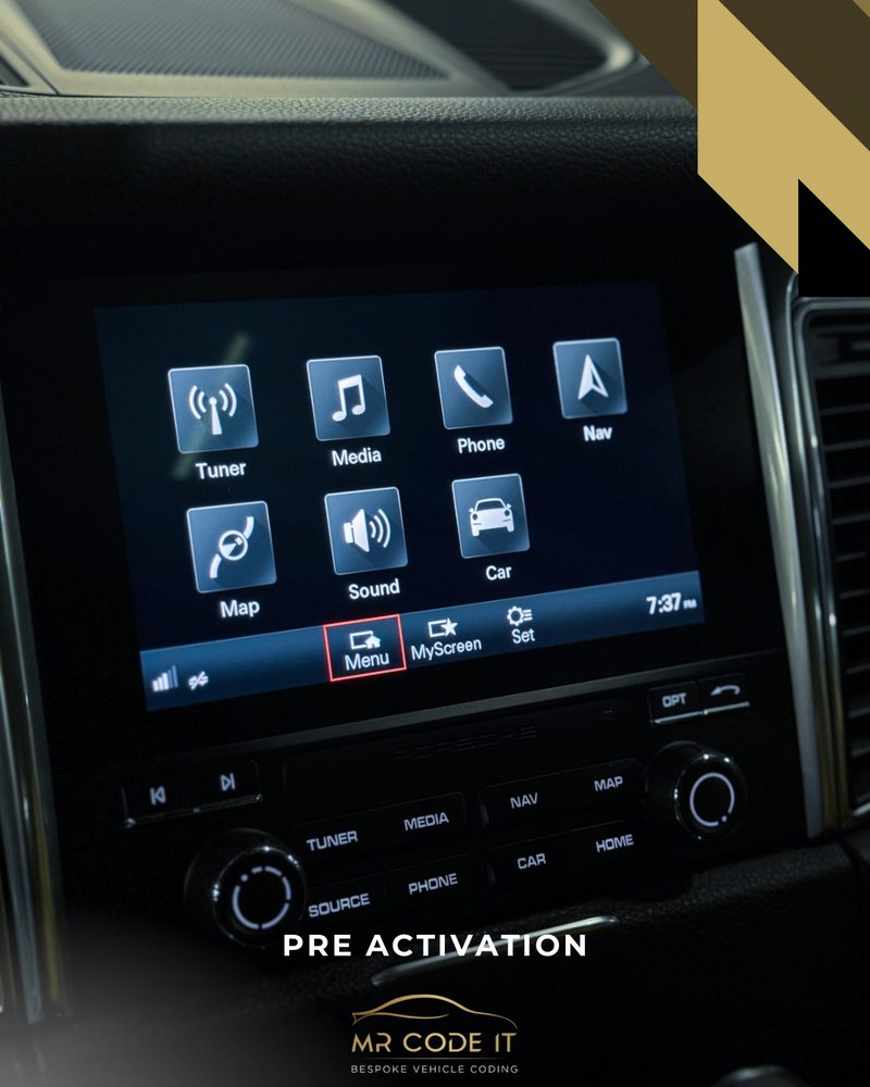 Before — PCM4 menu with no Apple CarPlay tile, Porsche CarPlay & Android Auto Activation PCM4