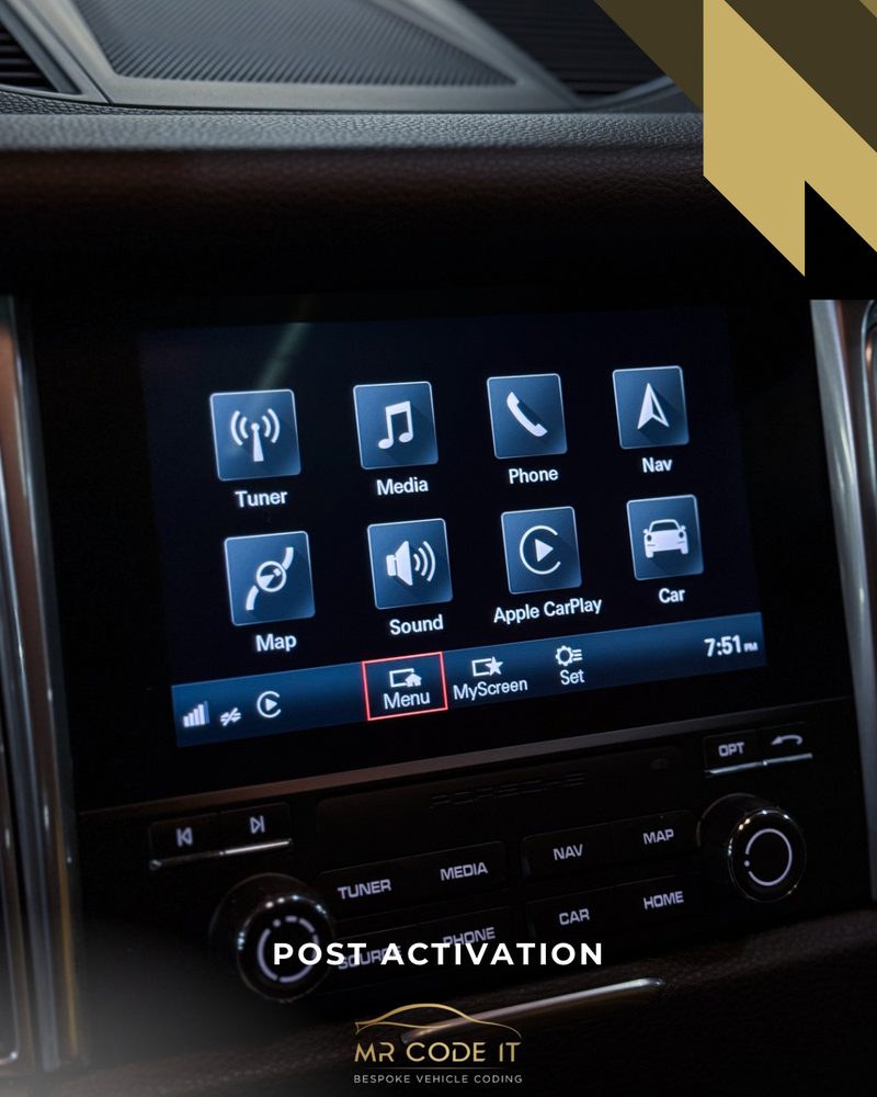 After — PCM4 menu now showing the Apple CarPlay tile, Porsche CarPlay & Android Auto Activation PCM4