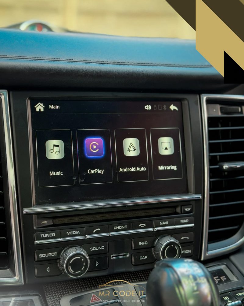 PCM3.1 main menu showing new CarPlay, Android Auto and Mirroring tiles — Porsche PCM3.1 CarPlay & Android Auto Kit