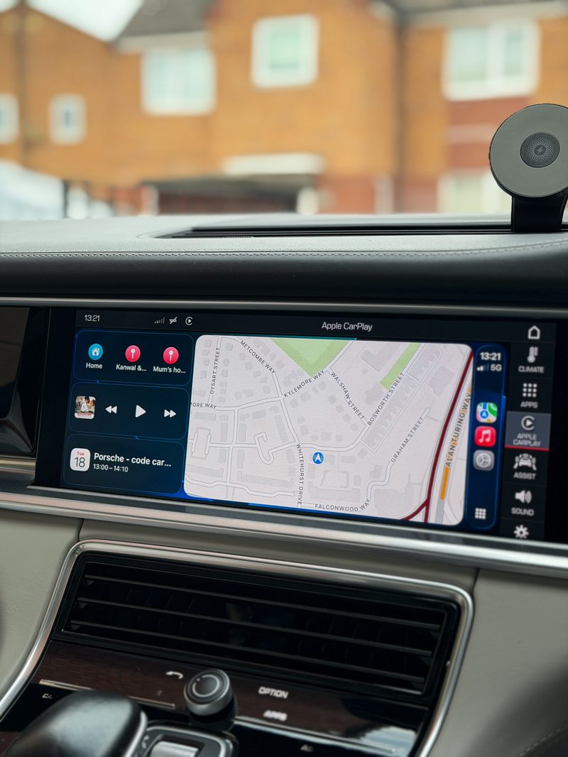 After — fullscreen Apple CarPlay active on a Porsche PCM4.1 display, navigation view